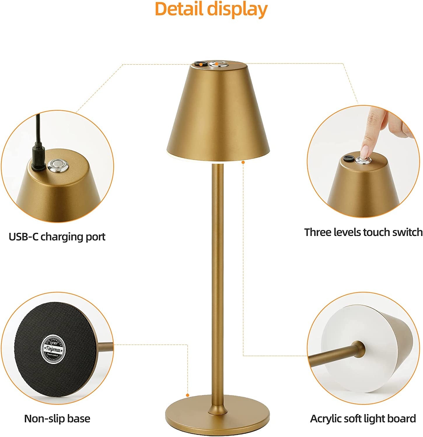 Timjorman LED Cordless Table Lamp, Rechargeable Battery-4
