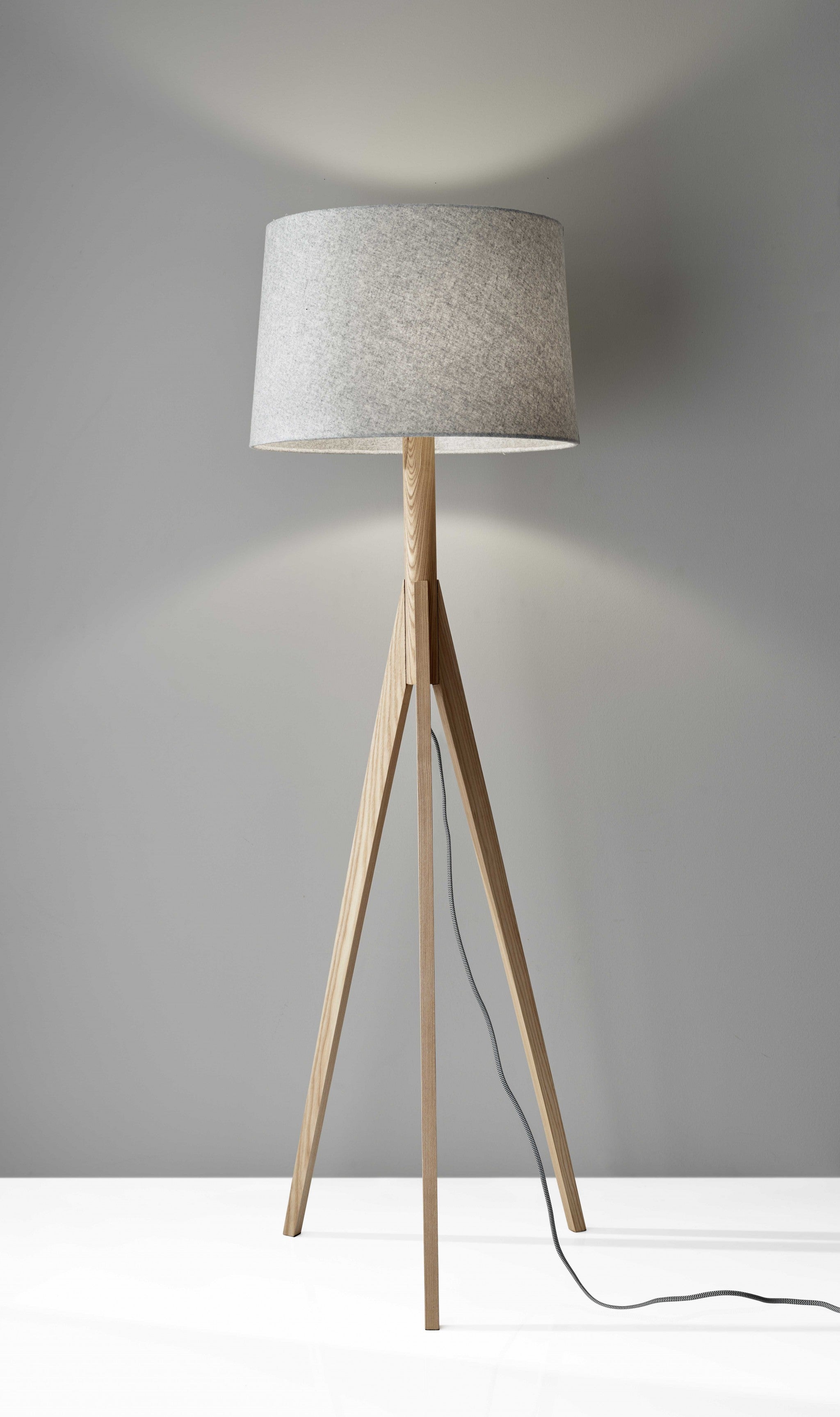 59" Natural Solid Wood Tripod Floor Lamp With Gray Fabric Empire Shade-4