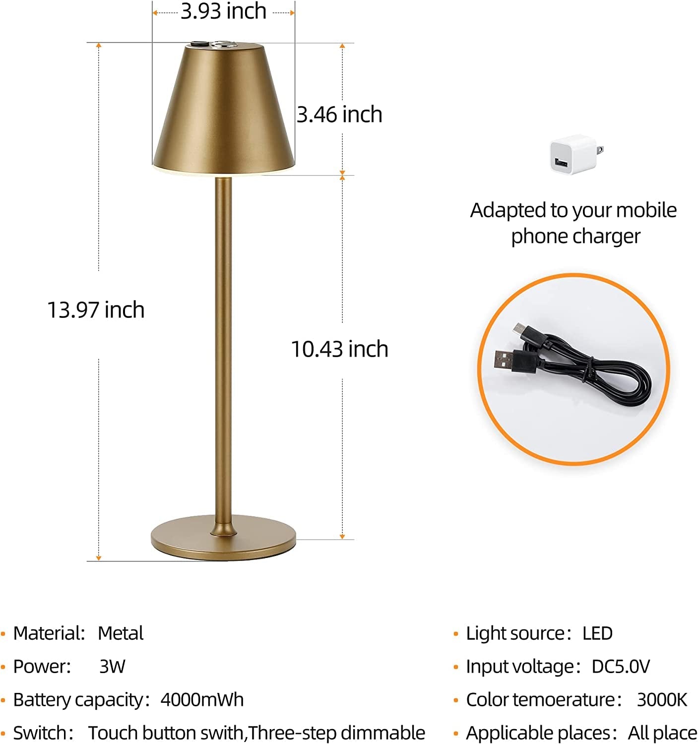 Timjorman LED Cordless Table Lamp, Rechargeable Battery-3