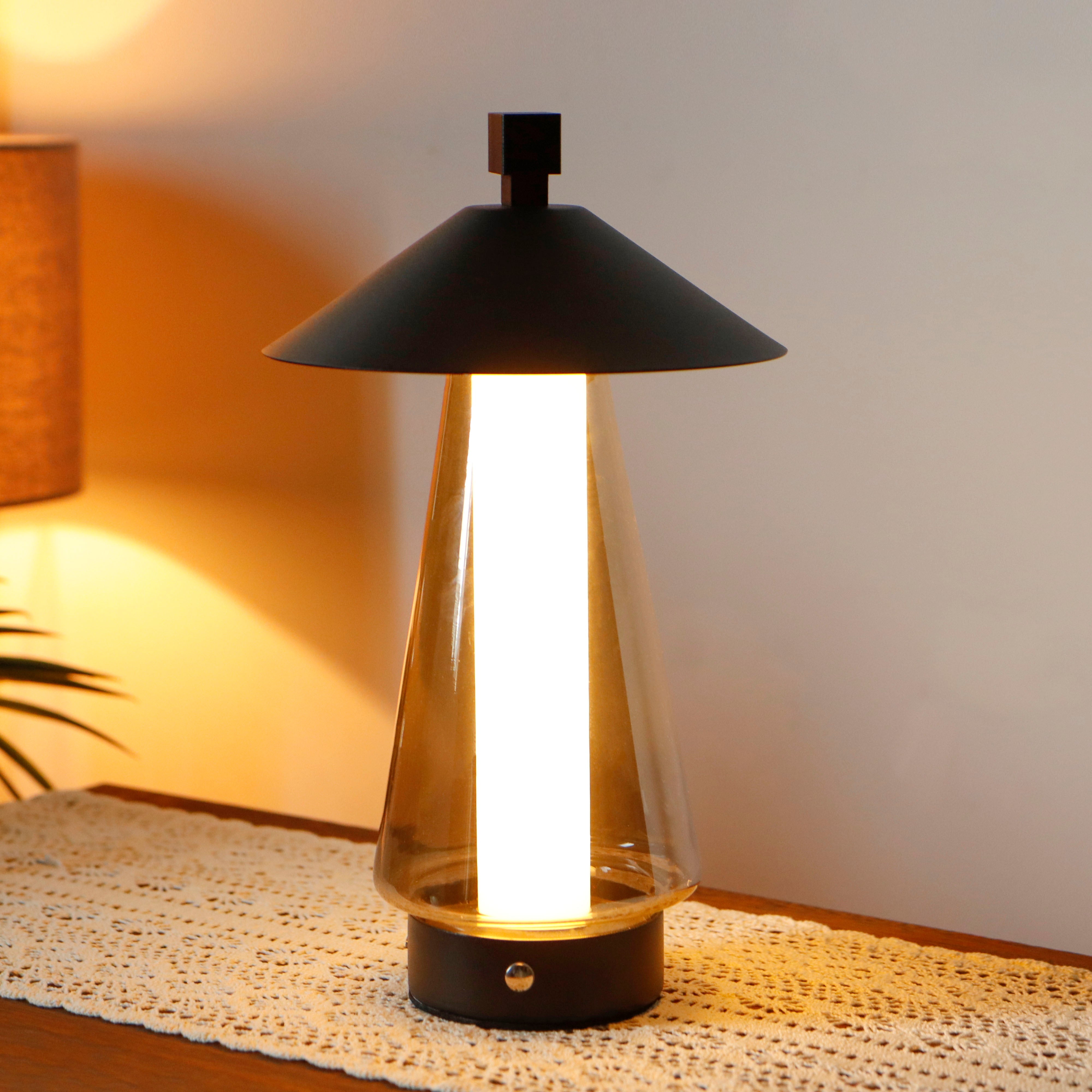 3-Way Dimmable Bedside Lamp (12"H): Umbrella-Shaped Touch Control, Grey Anodized Glass Shade (Indoor/Outdoor)-2