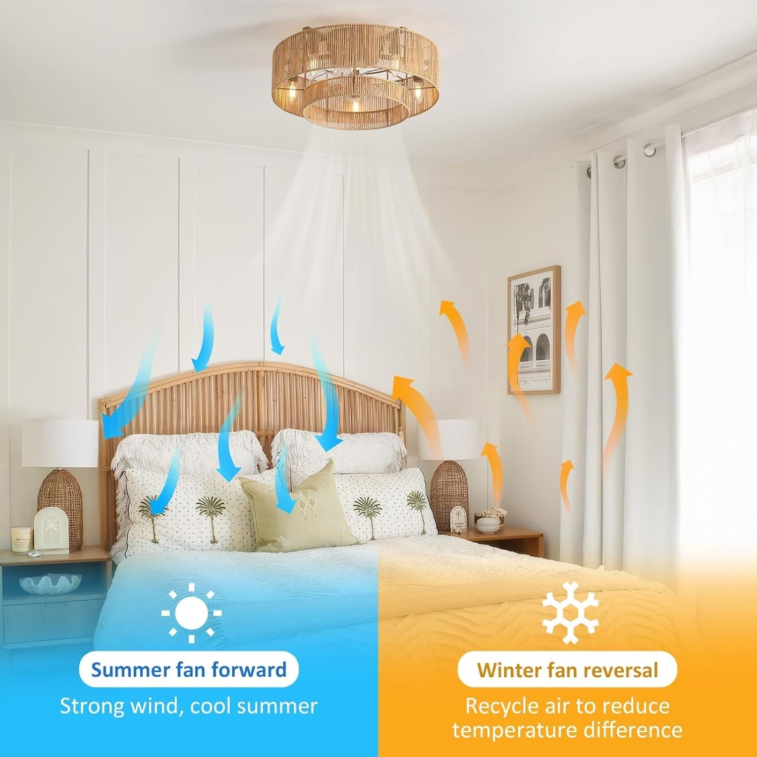 Boho Flush Mount Rattan Ceiling Fan with Light-1