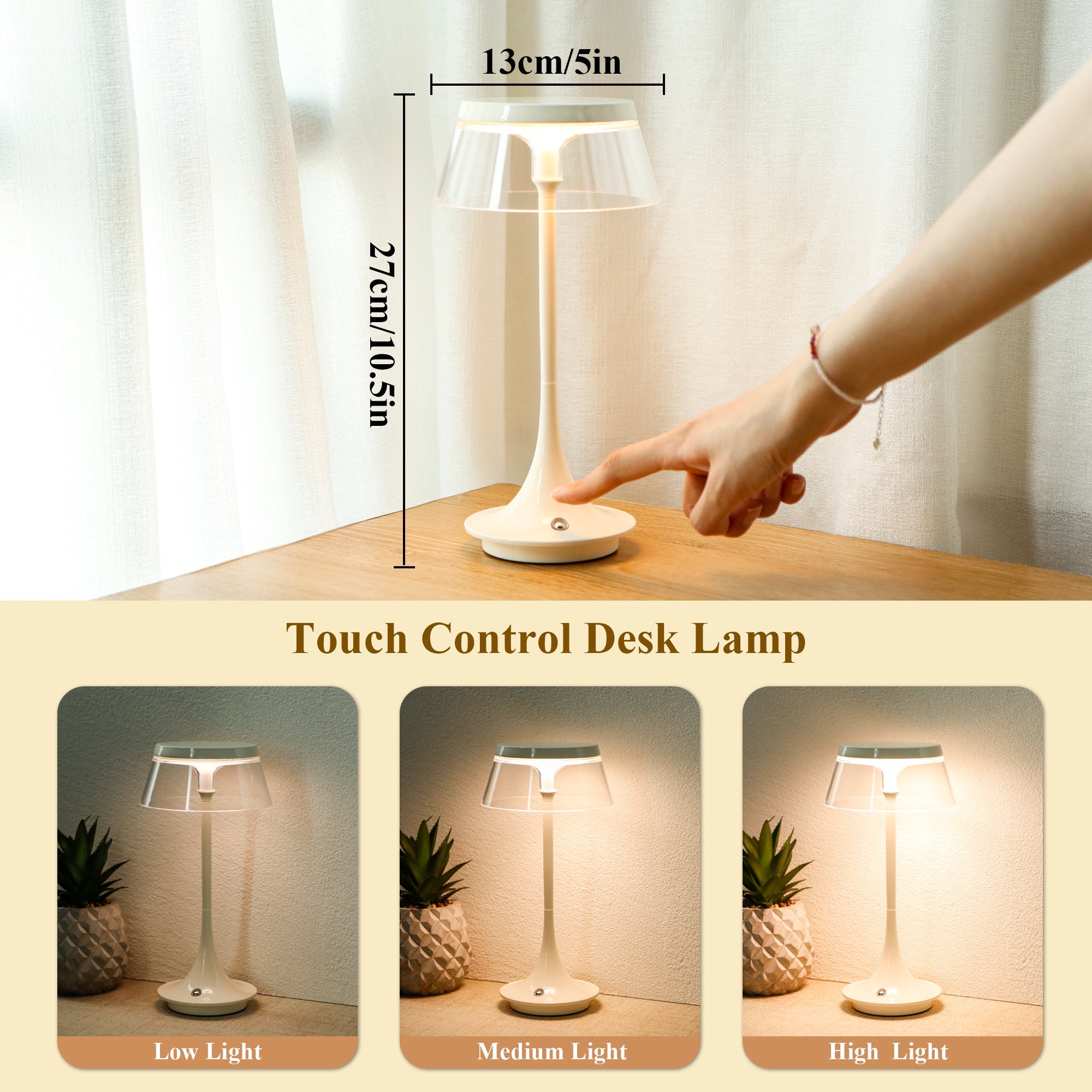 JHY DESIGN 10.5”H Dimmable Bedside Table Lamp Touch Control Lamp(Single)-3