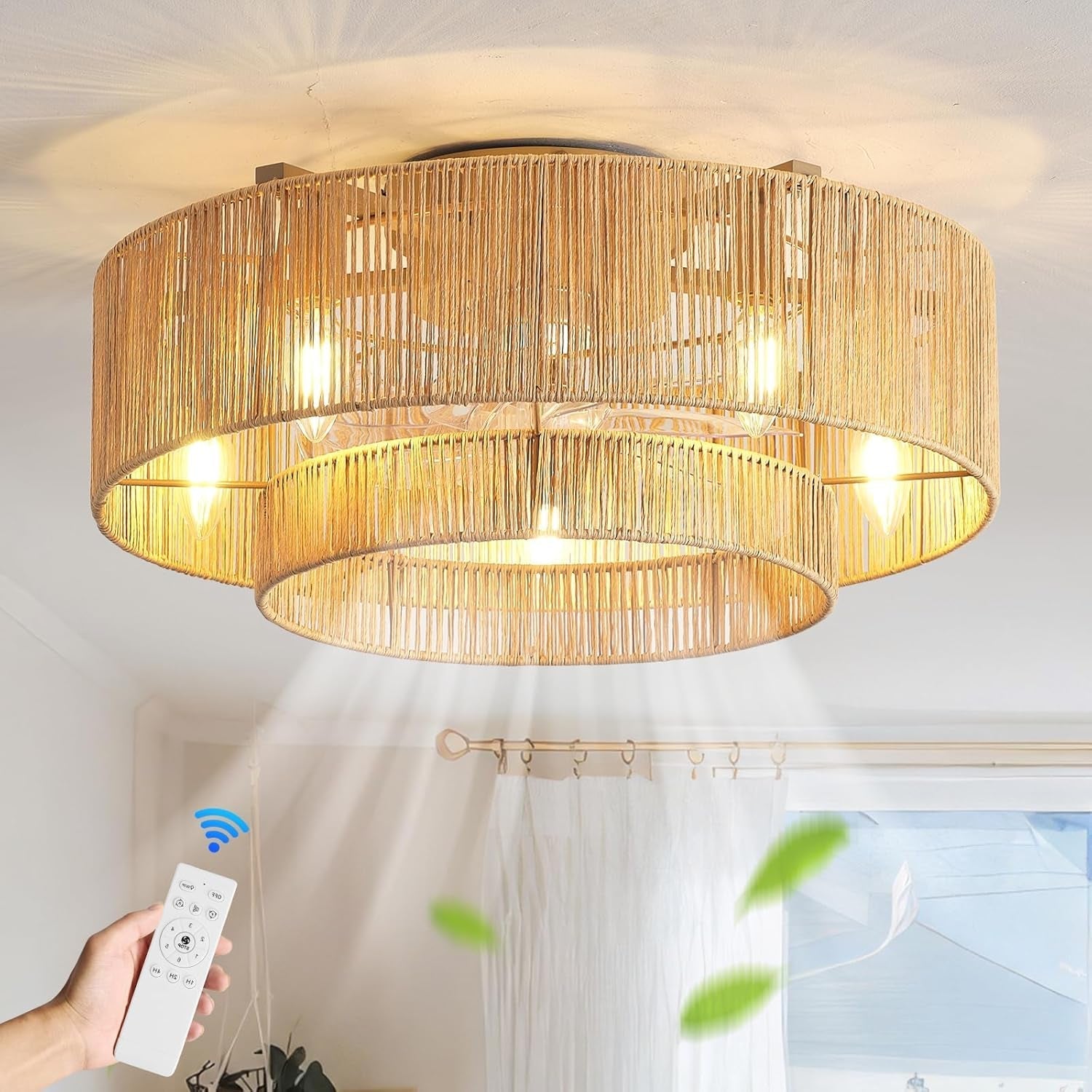 Boho Flush Mount Rattan Ceiling Fan with Light-0