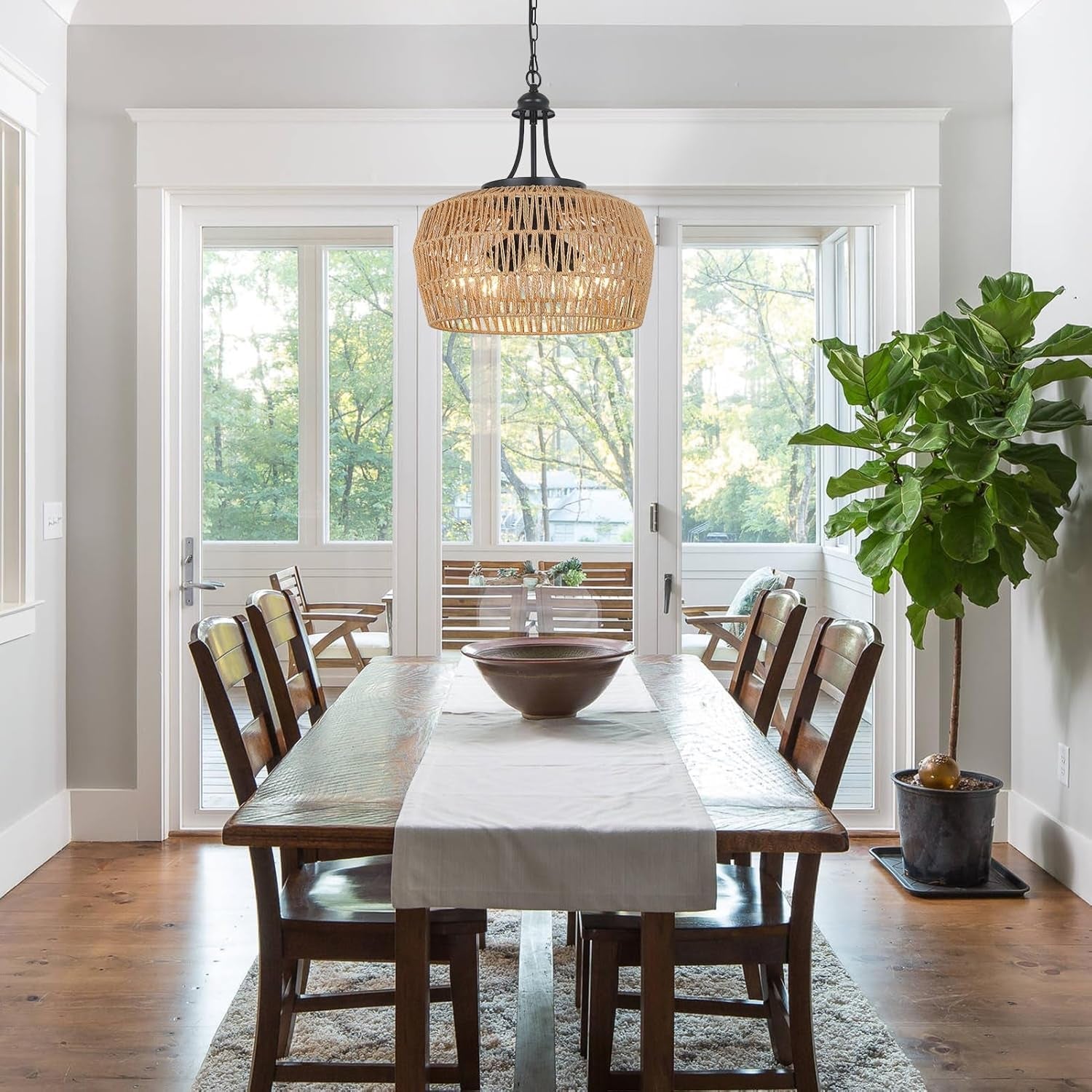 5-Light Large Rattan Boho Chandelier Dining Room-0