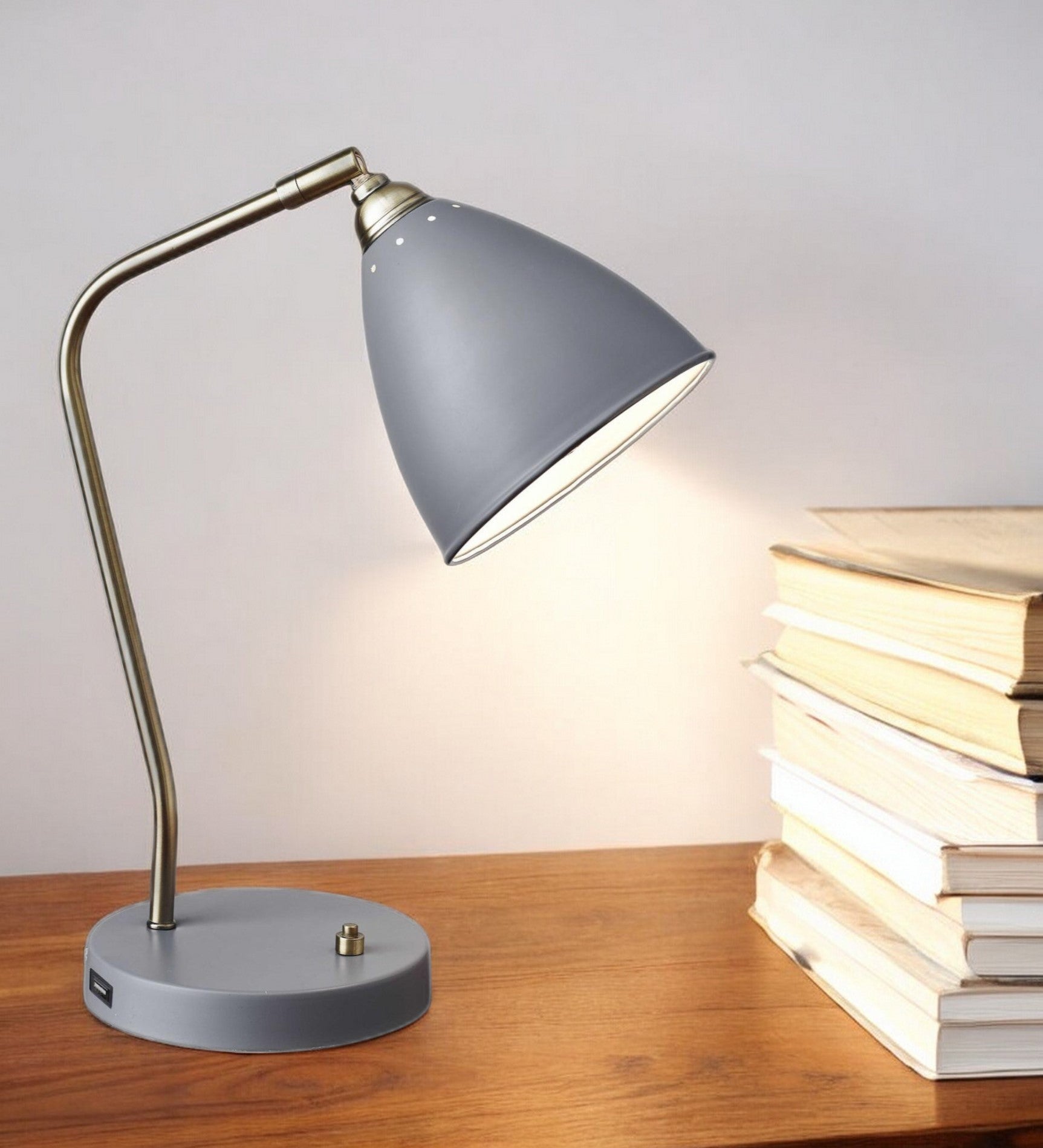 Grey Metal And Antique Brass Adjustable Usb Port Desk Lamp-0