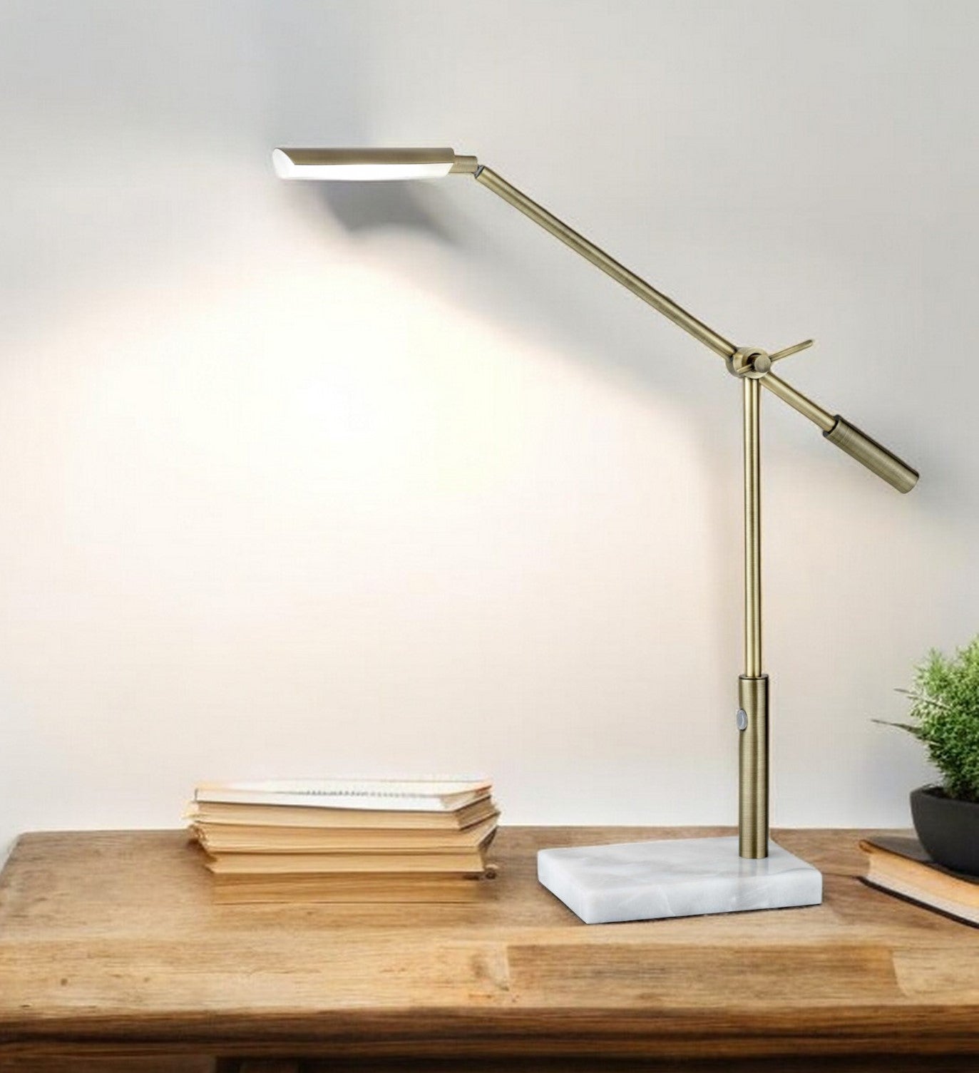 26" Antiqued Gold And White Marble And Metal Adjustable LED Desk Lamp-0