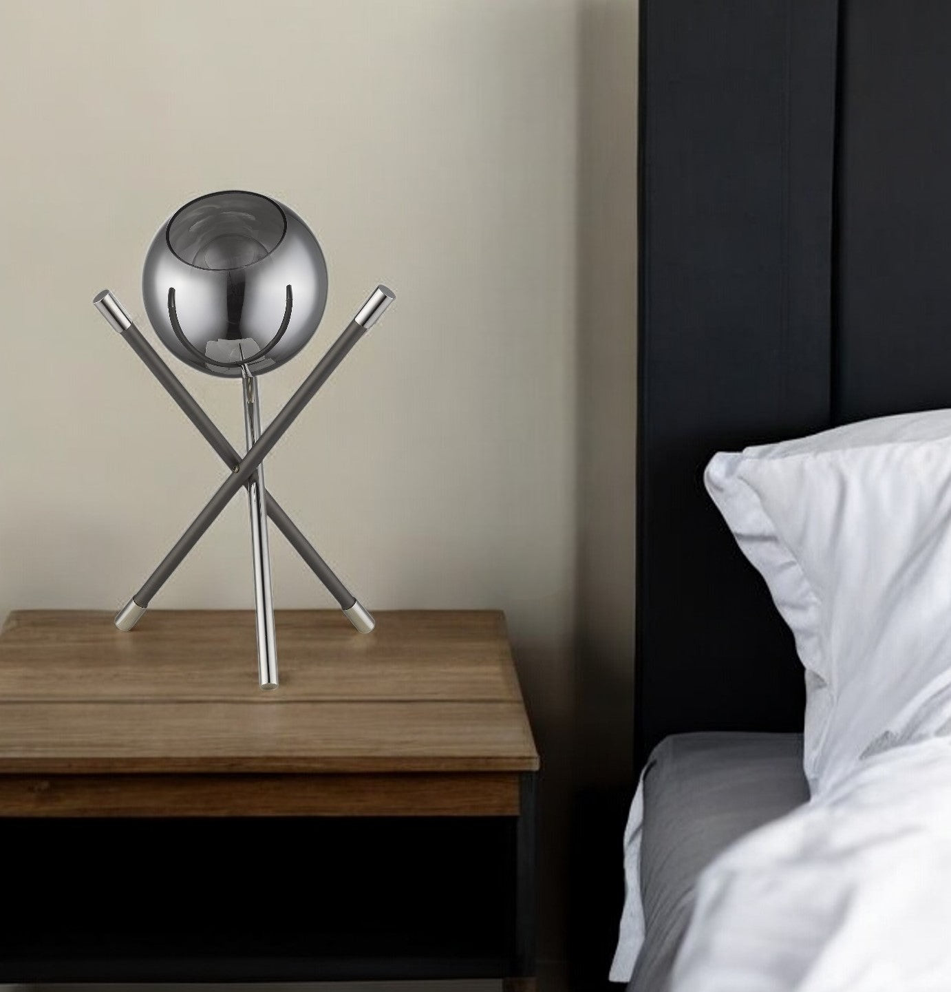 18" Black Metal Tripod Table Lamp With Nickel Globe Shade-0