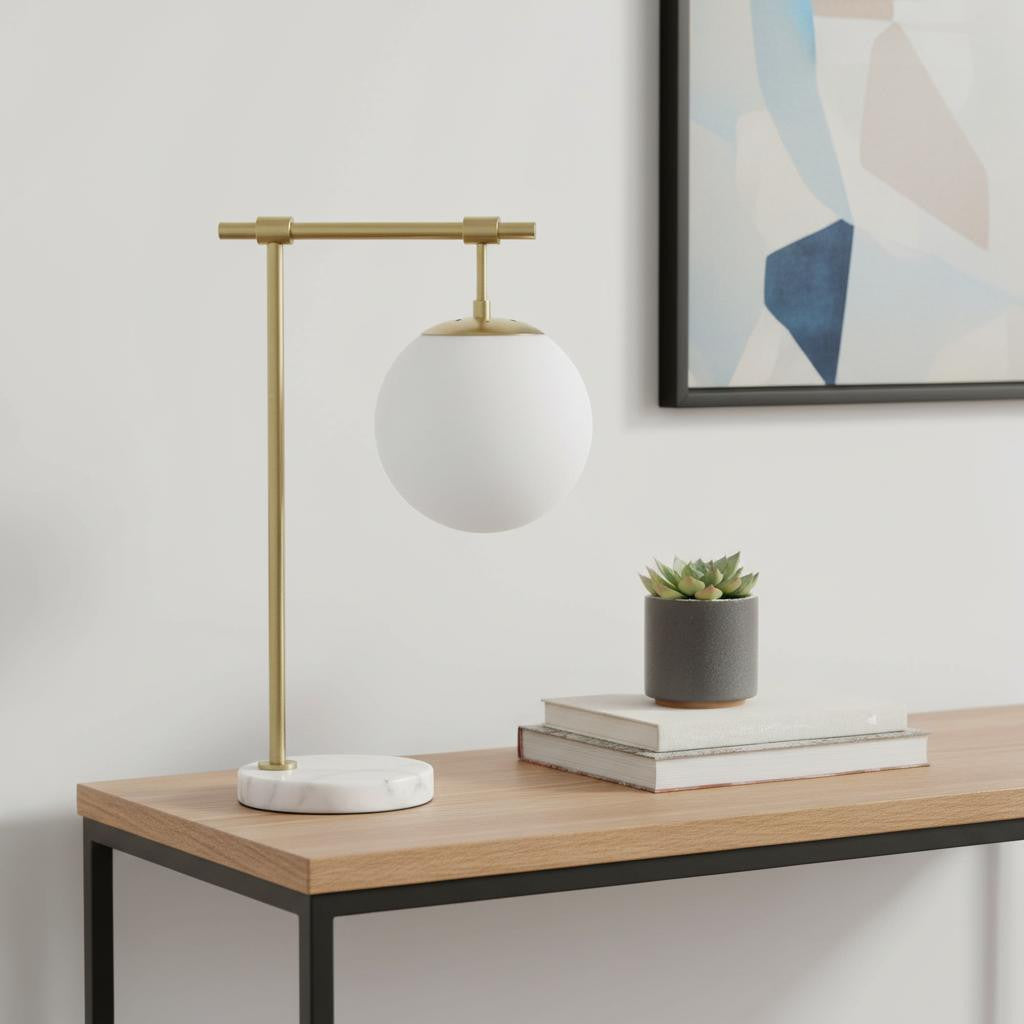21" Antiqued Brass Metal Novelty Table Lamp With White Globe Shade-0