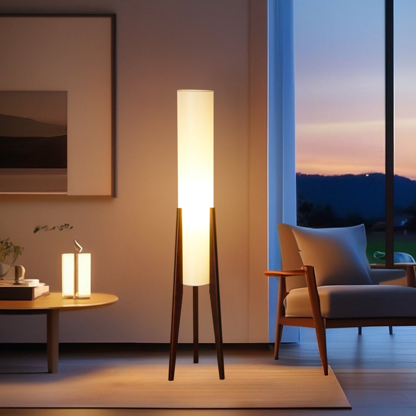 Modern Cylinder Floor Lamp with Wooden Tripod Legs-0