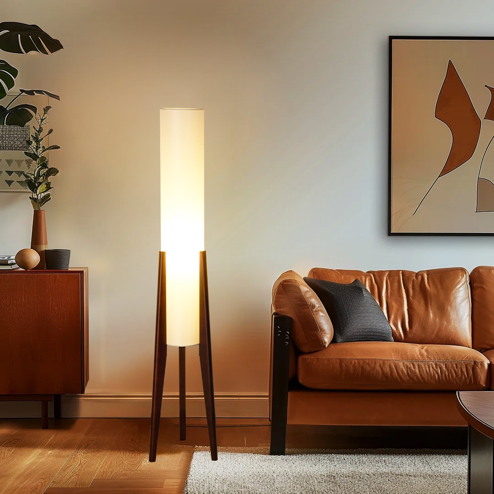 Modern Cylinder Floor Lamp with Wooden Tripod Legs-1